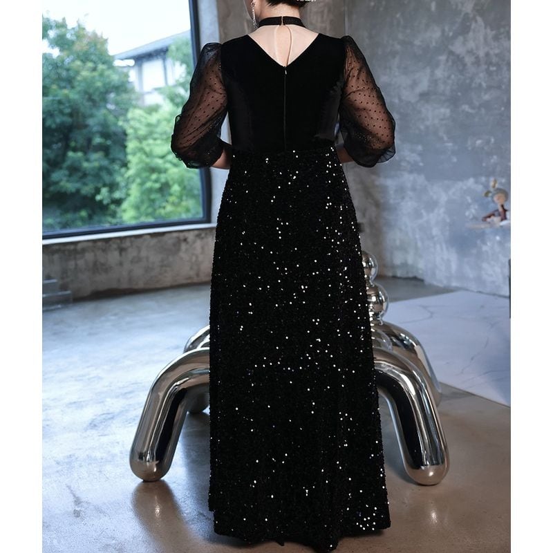 【3XL〜7XL】シアースリーブスパンコールドレス　D1537