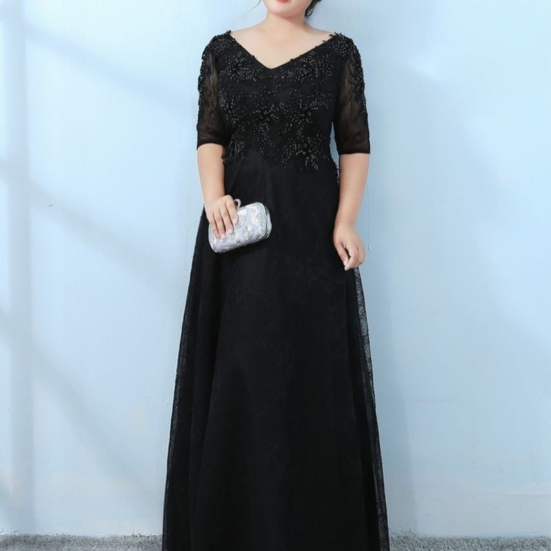 【3XL〜7XL】ビーズ装飾Vネックドレス　D1576