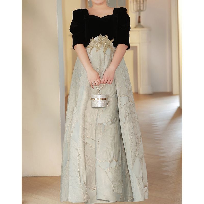 【3XL〜7XL】リーフジャガード切替デザインドレス　D1536