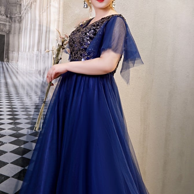 【3XL〜7XL】フレアスリーブチュールドレス　D1588