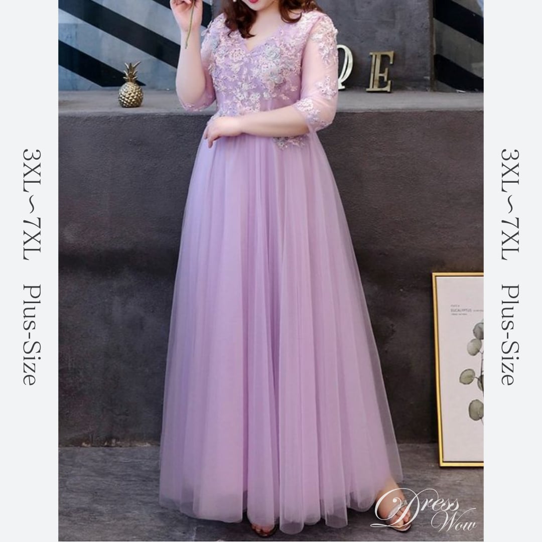 【3XL〜7XL】フラワー装飾チュールドレス　D1562