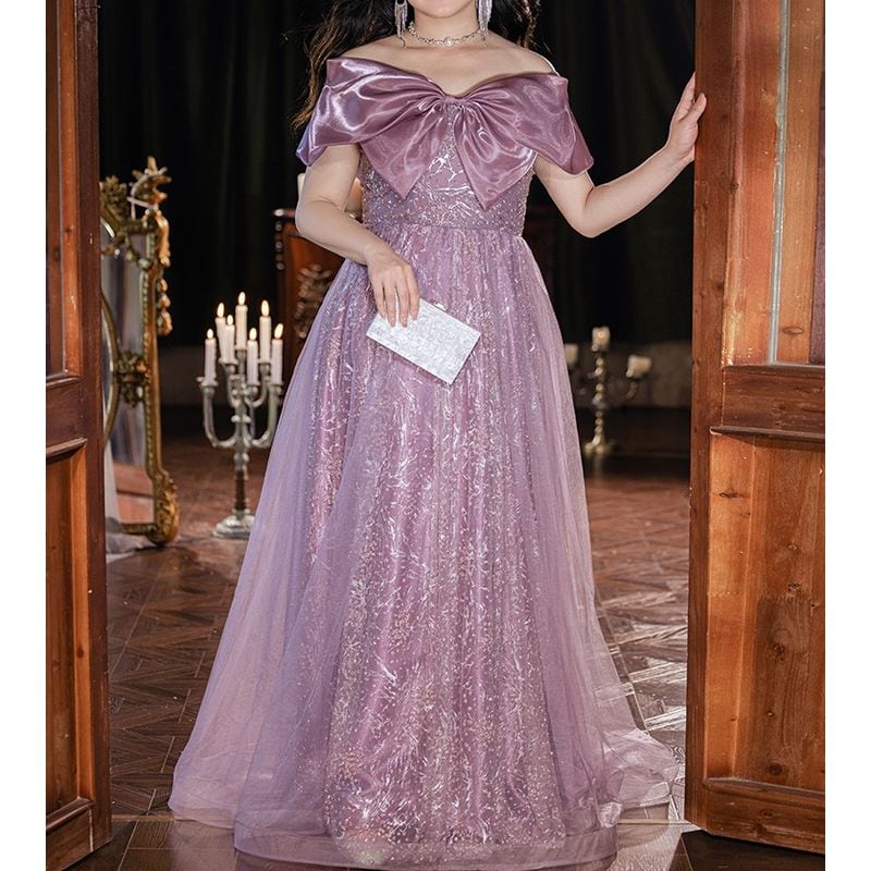 【3XL〜7XL】リボンオフショルダーチュールドレス　D1533