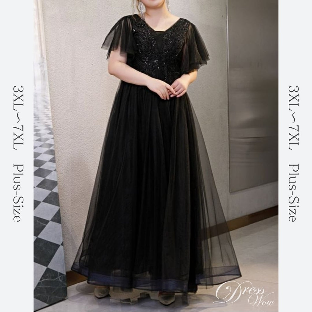 【3XL〜7XL】フレアスリーブチュールドレス　D1534