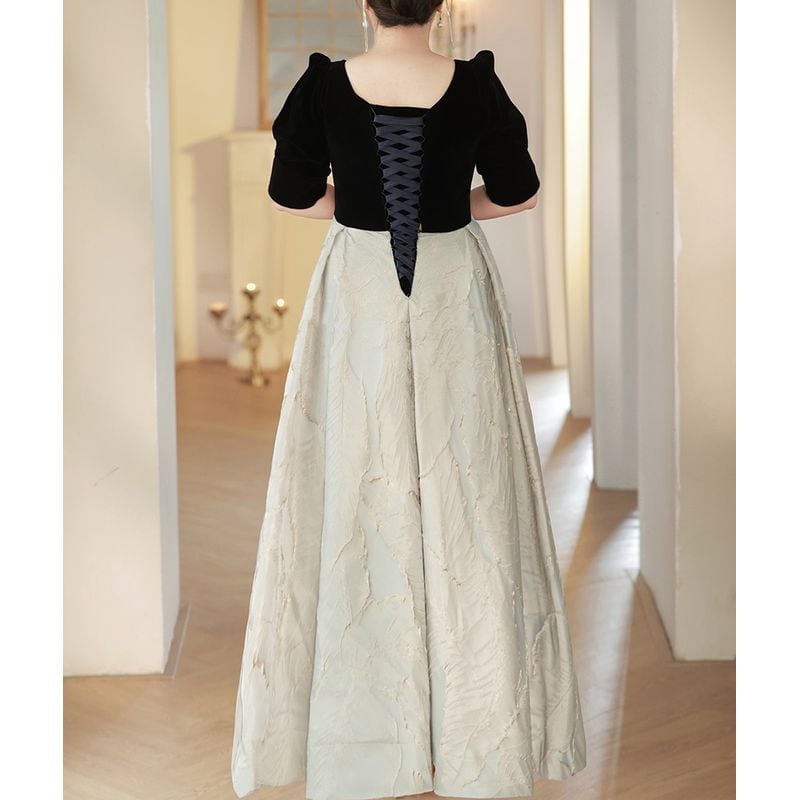 【3XL〜7XL】リーフジャガード切替デザインドレス　D1536