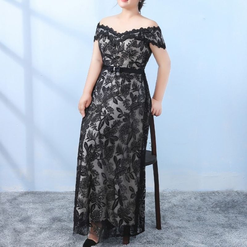 【3XL〜7XL】レースオフショルダードレス　D1591