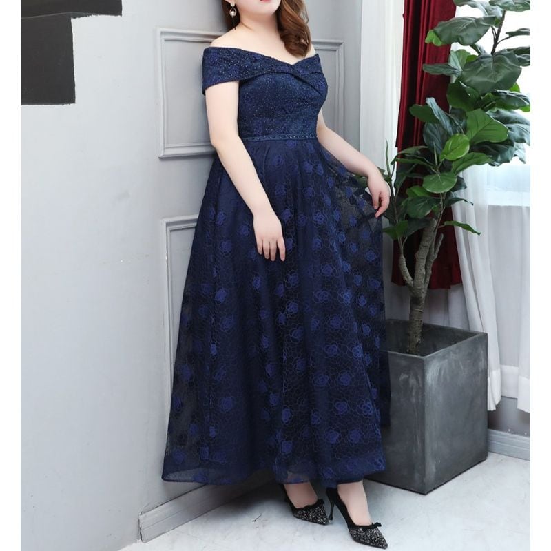 【3XL〜7XL】オフショルダーフラワーレースドレス　D1574