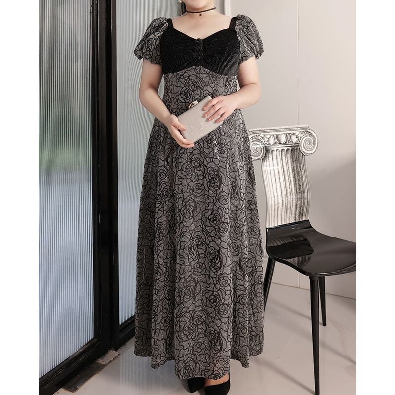 【3XL〜7XL】パフスリーブローズドレス　D1530