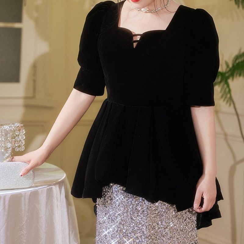【3XL〜7XL】ベルベットスパンコールコンビドレス　D1528