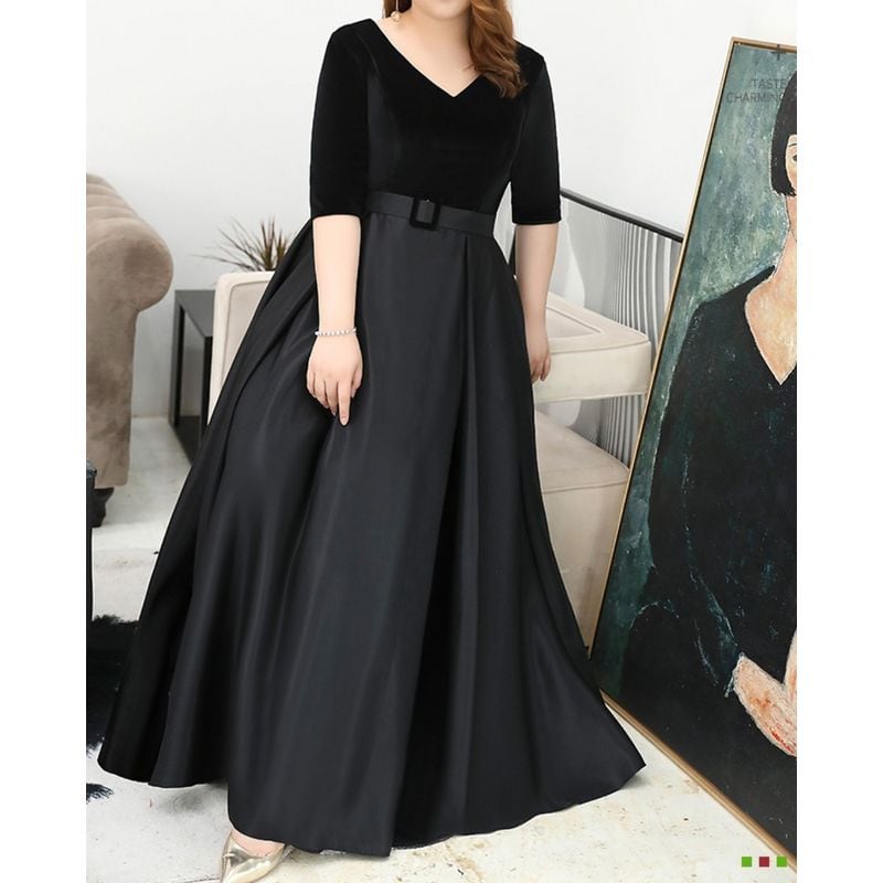 【3XL〜7XL】ベルベット切替Vネックドレス　D1618