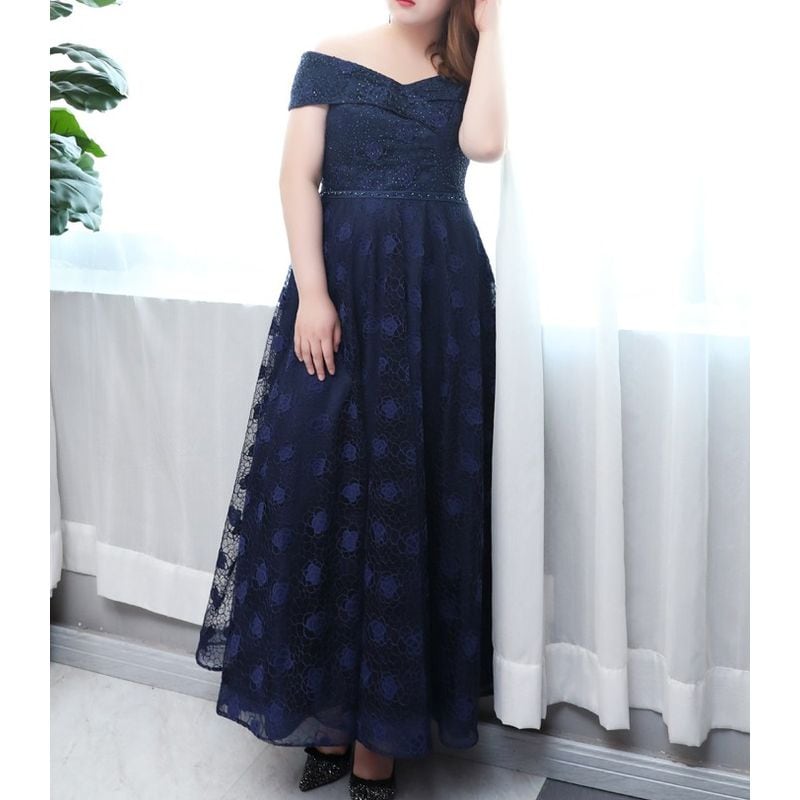 【3XL〜7XL】オフショルダーフラワーレースドレス　D1574