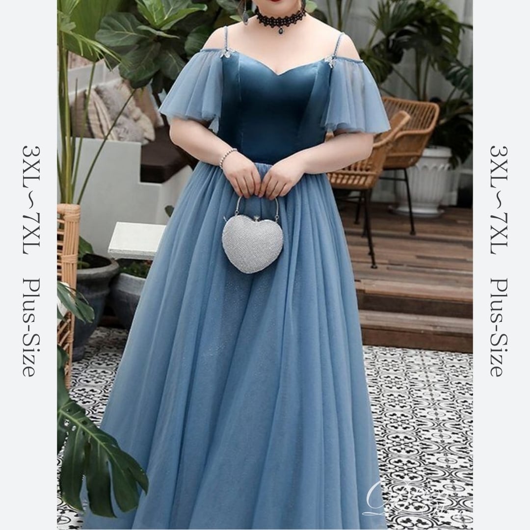 【3XL〜7XL】フリルスリーブチュールドレス　D1545