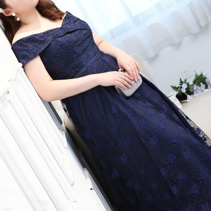 【3XL〜7XL】オフショルダーフラワーレースドレス　D1574