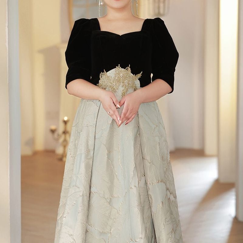 【3XL〜7XL】リーフジャガード切替デザインドレス　D1536
