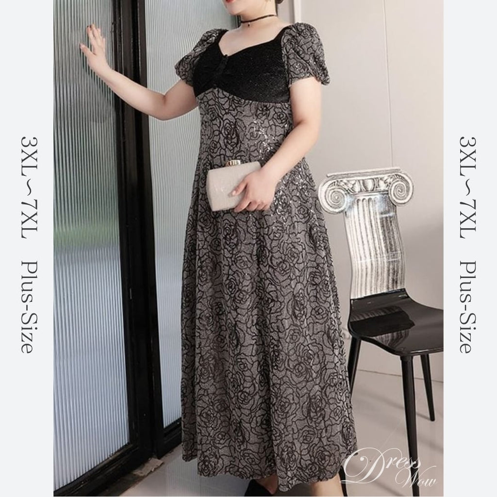 【3XL〜7XL】パフスリーブローズドレス　D1530