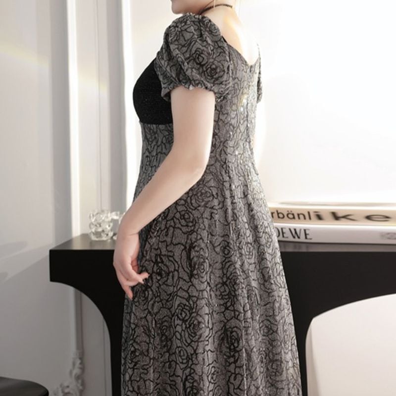 【3XL〜7XL】パフスリーブローズドレス　D1530