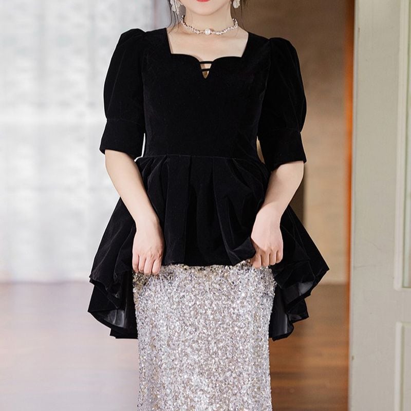 【3XL〜7XL】ベルベットスパンコールコンビドレス　D1528