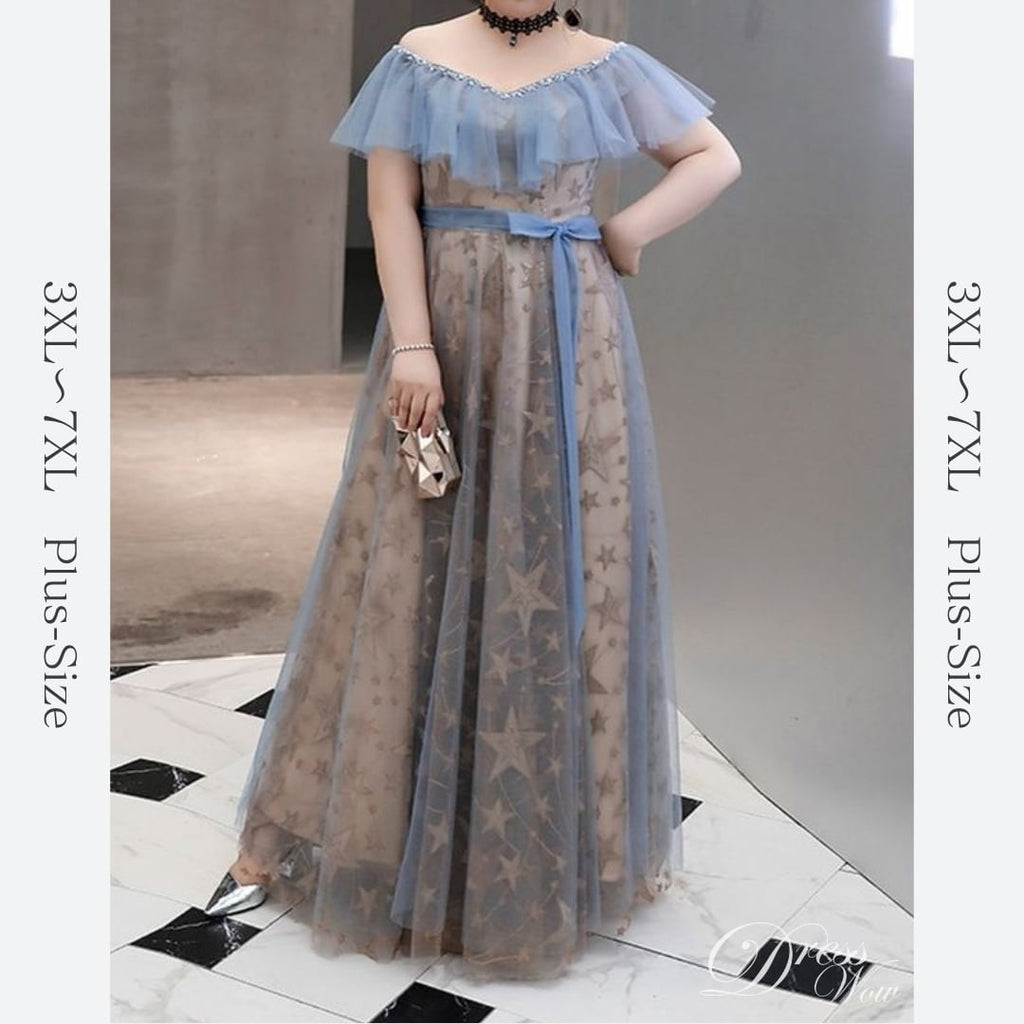 【3XL〜7XL】星柄フリルスリーブチュールドレス　D1607