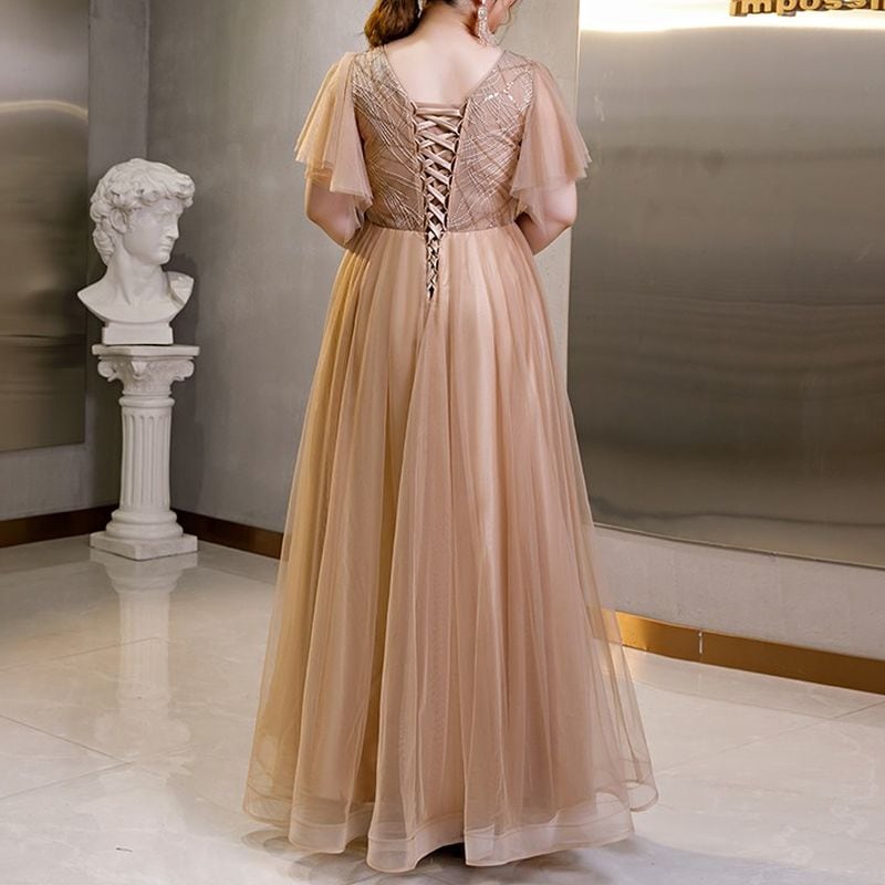 【3XL〜7XL】フレアスリーブチュールドレス　D1548