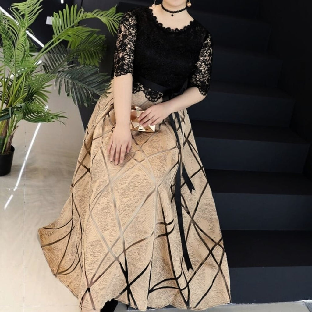 【3XL〜7XL】レース切替モダンロングドレス　D1624