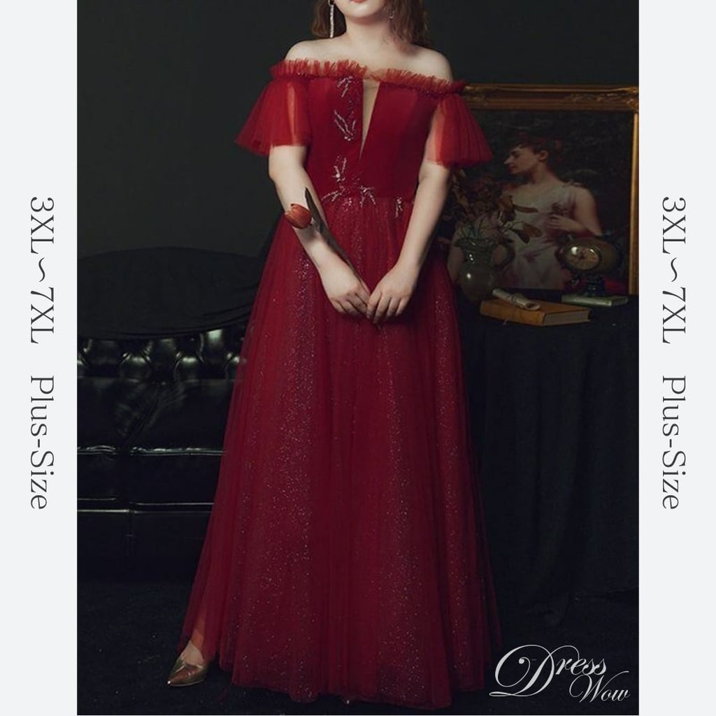 【3XL〜7XL】オフショルダーチュールドレス　D1549