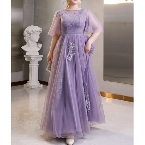 【3XL〜7XL】フレアスリーブチュールドレス　D1599