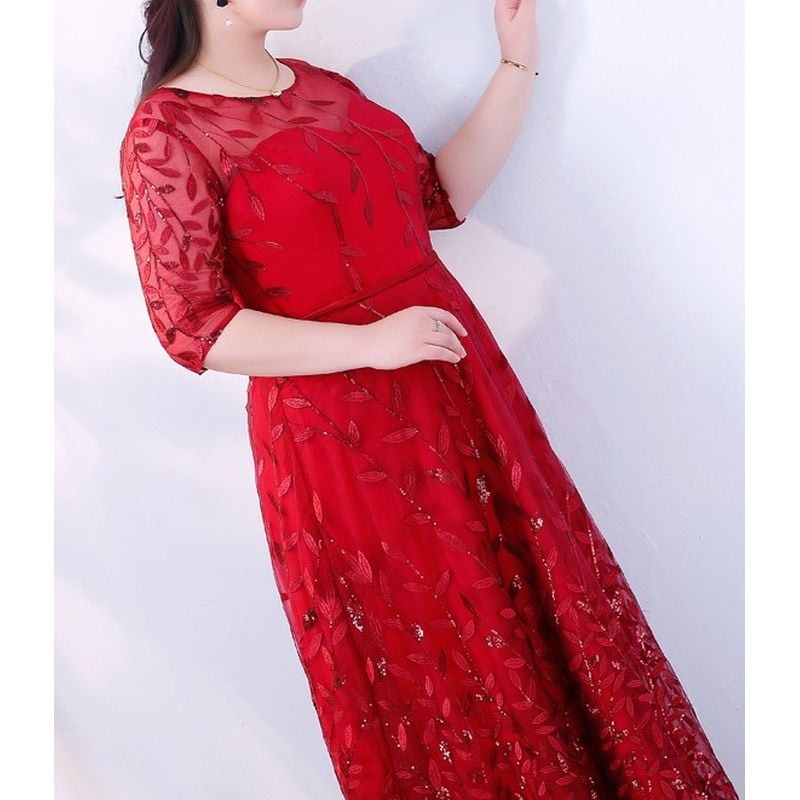 【3XL〜7XL】リーフ柄七分袖シアードレス　2color　D1608