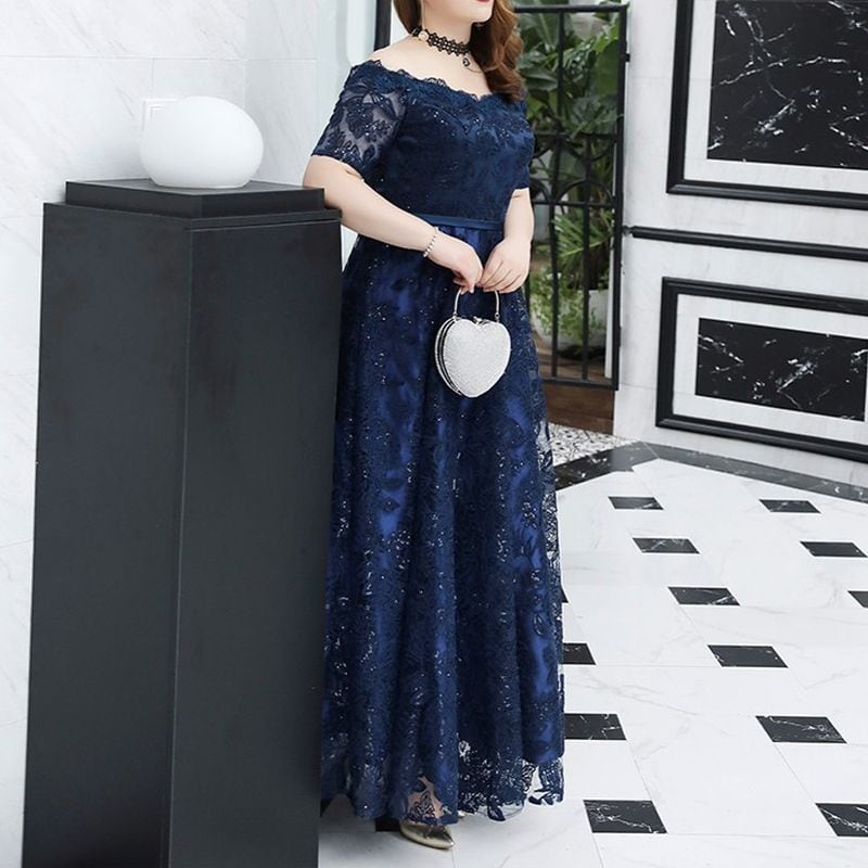 【3XL〜7XL】レースオフショルダードレス　D1531