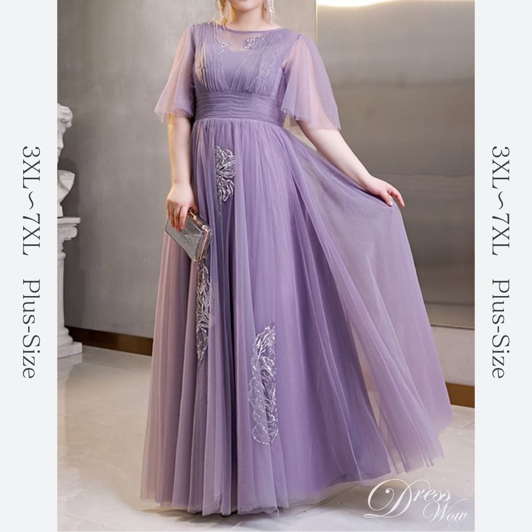 【3XL〜7XL】フレアスリーブチュールドレス　D1599