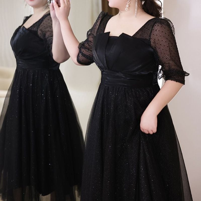 【3XL〜7XL】ヘムネックパフスリーブチュールドレス　D1614