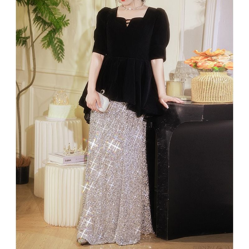 【3XL〜7XL】ベルベットスパンコールコンビドレス　D1528