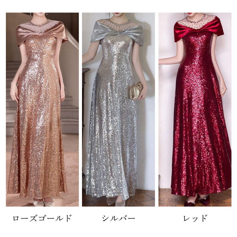 シアーデコルテリボンケープドレス　3color　D2001