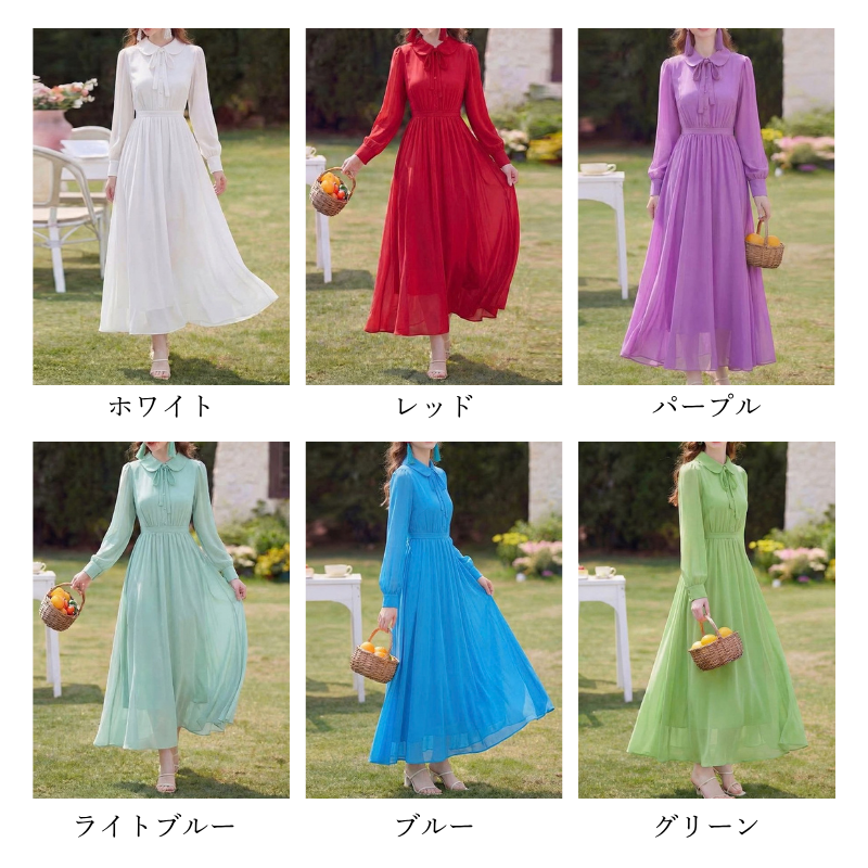 ラウンドカラーリボンシアーワンピース　6color　D2153