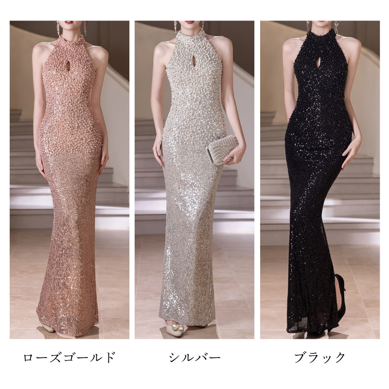 シャイニーパールスレンダードレス　3color　D2022