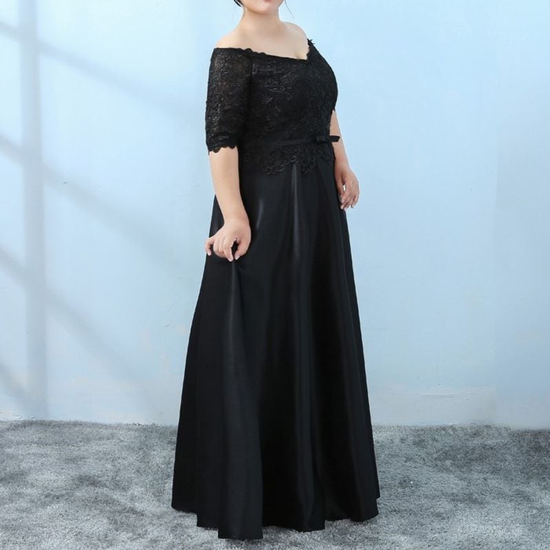 【3XL〜7XL】レース刺繍オフショルダーサテンドレス　2color　D1605