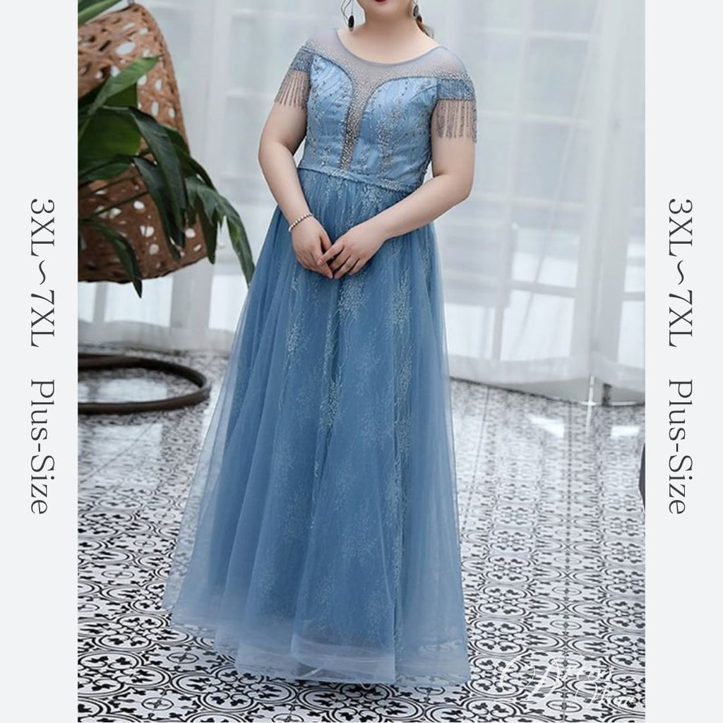 【3XL〜7XL】フリンジスリーブチュールドレス　D1581