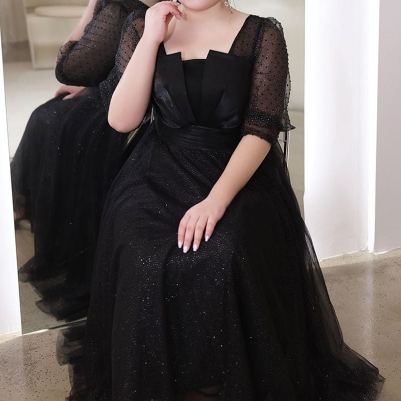 【3XL〜7XL】ヘムネックパフスリーブチュールドレス　D1614