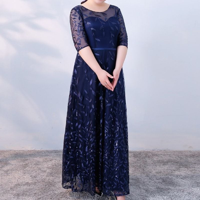 【3XL〜7XL】リーフ柄七分袖シアードレス　2color　D1608