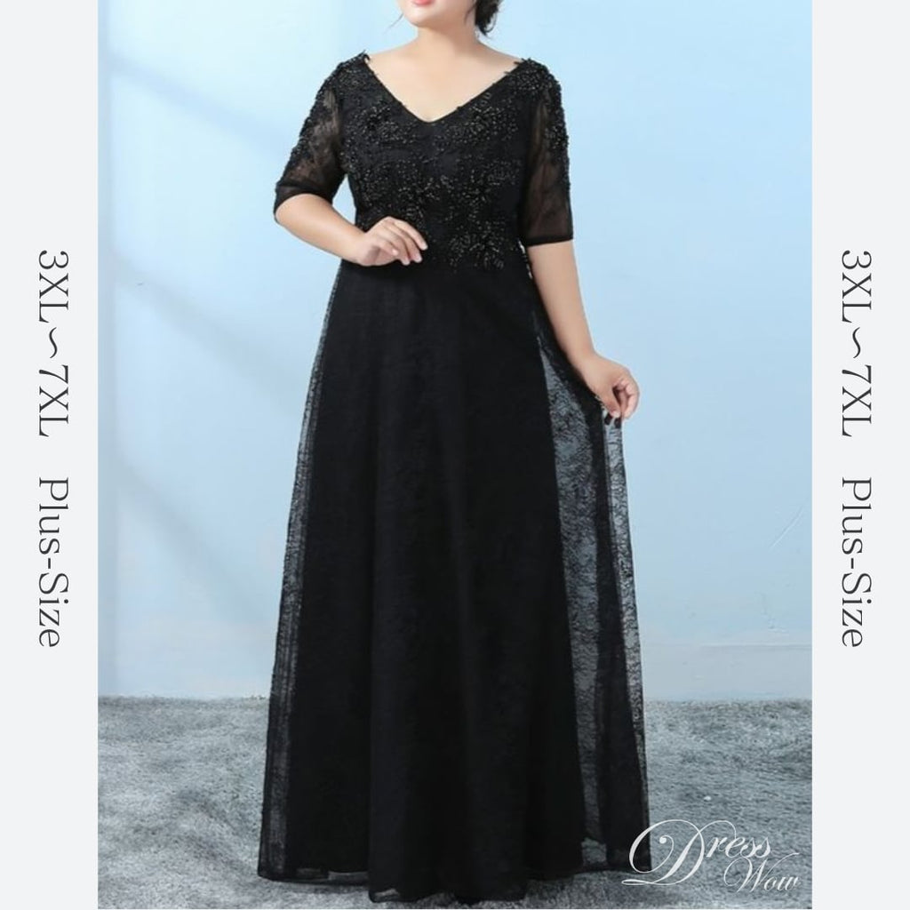 【3XL〜7XL】ビーズ装飾Vネックドレス　D1576