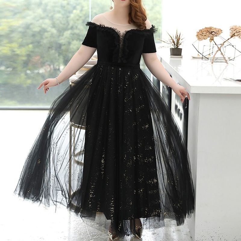 【3XL〜7XL】オフショルダーチュールドレス　D1556