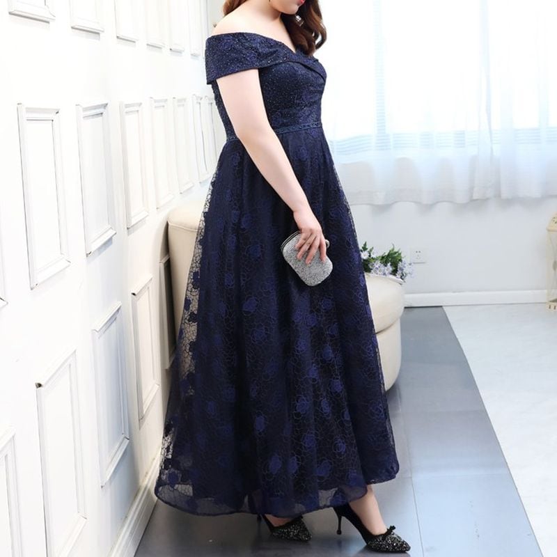 【3XL〜7XL】オフショルダーフラワーレースドレス　D1574