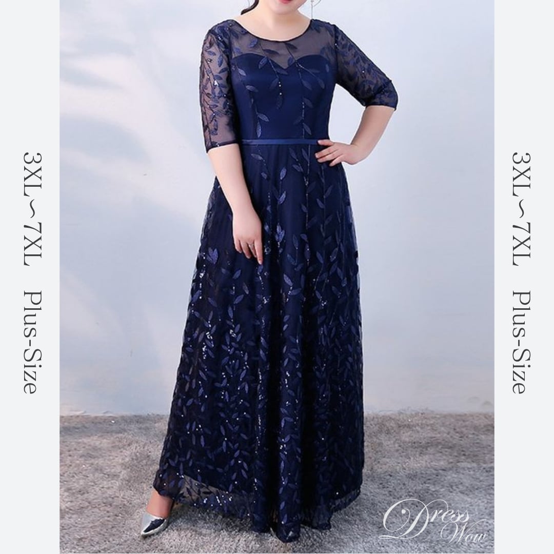 【3XL〜7XL】リーフ柄七分袖シアードレス　2color　D1608