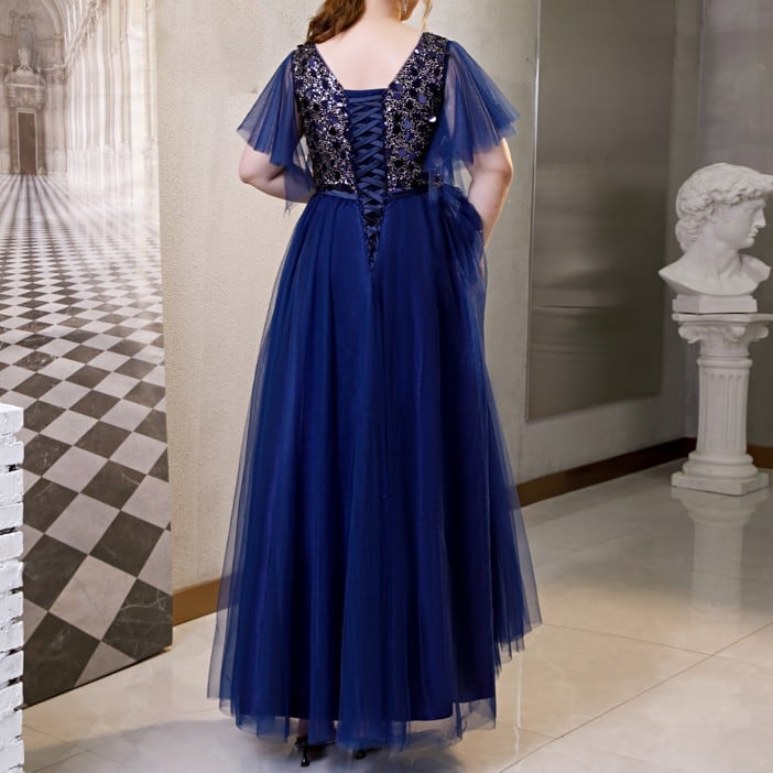 【3XL〜7XL】フレアスリーブチュールドレス　D1588