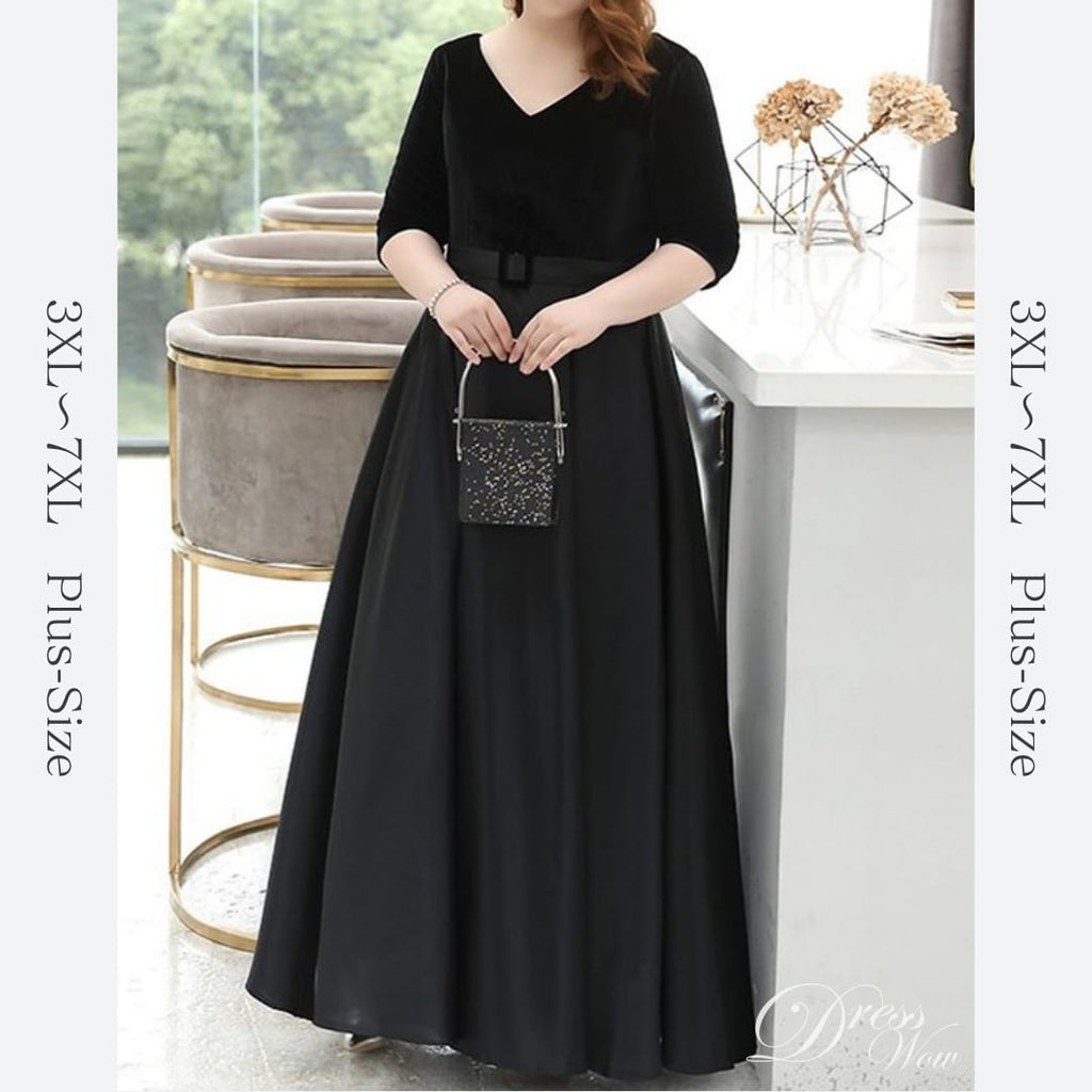 【3XL〜7XL】ベルベット切替Vネックドレス　D1618