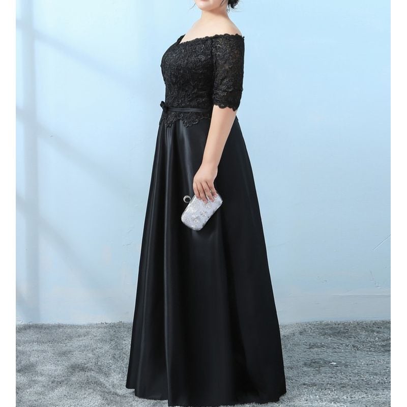 【3XL〜7XL】レース刺繍オフショルダーサテンドレス　2color　D1605