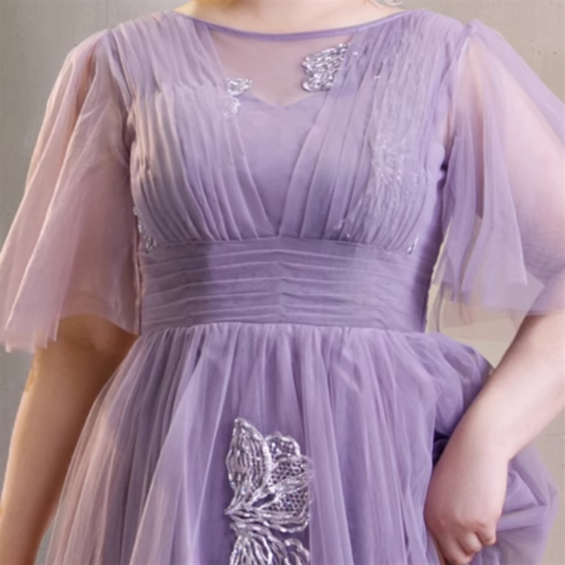 【3XL〜7XL】フレアスリーブチュールドレス　D1599