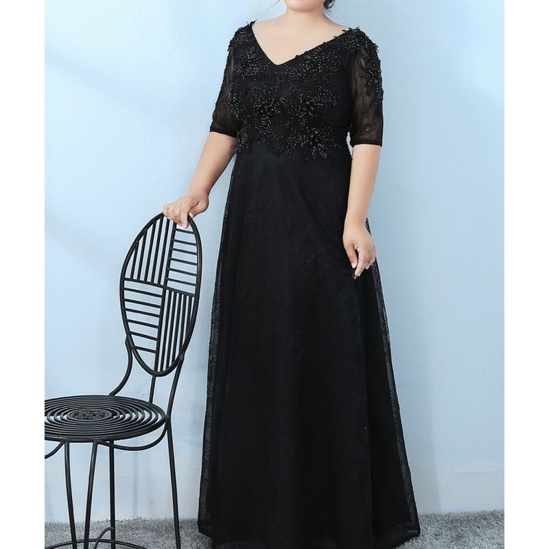 【3XL〜7XL】ビーズ装飾Vネックドレス　D1576
