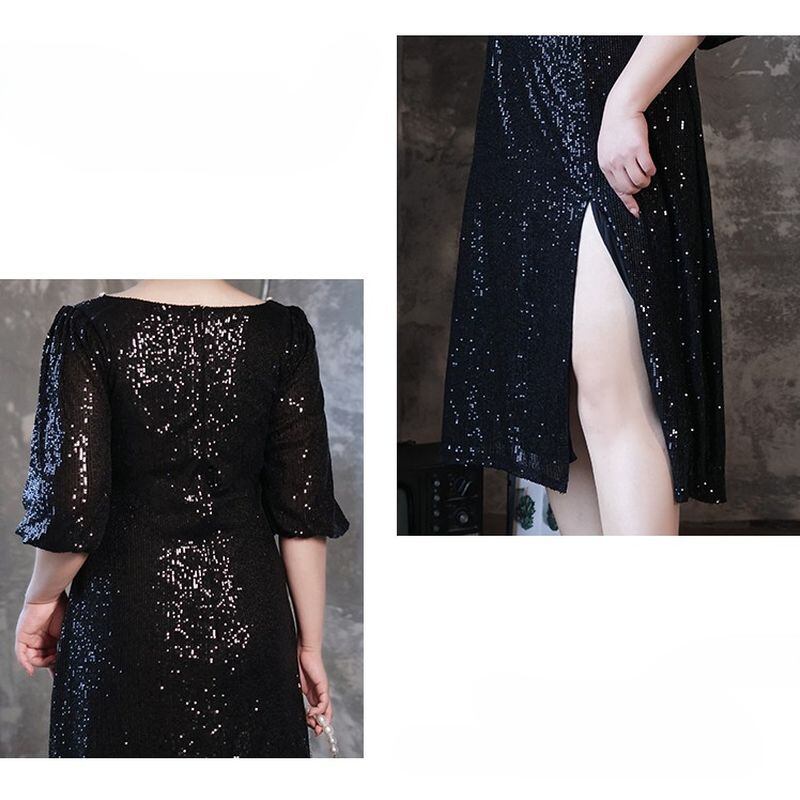 【3XL〜7XL】スパンコールスリットミディ丈ドレス　D1615