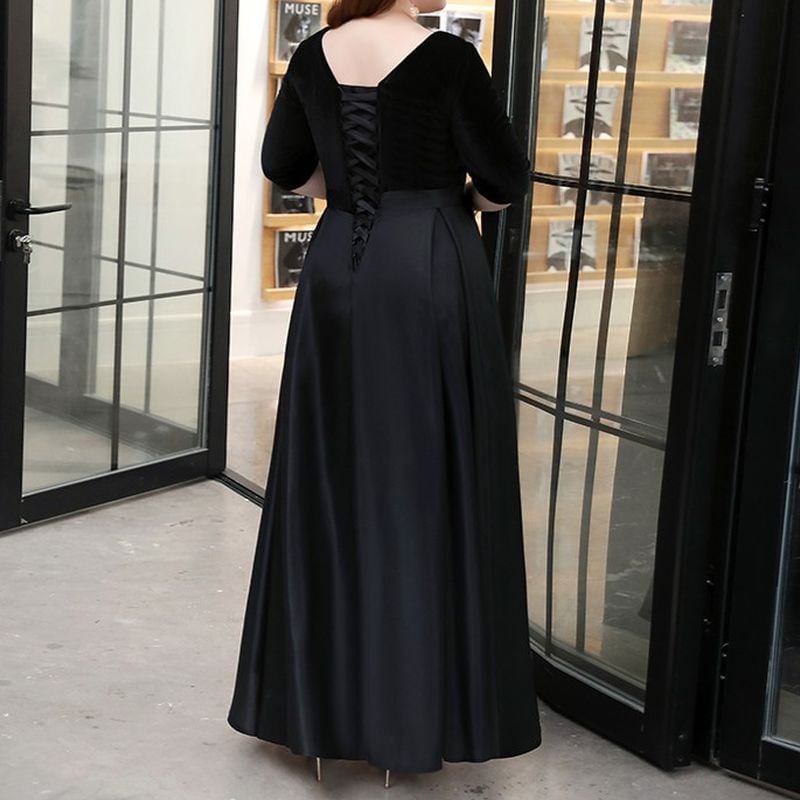 【3XL〜7XL】ベルベット切替Vネックドレス　D1618