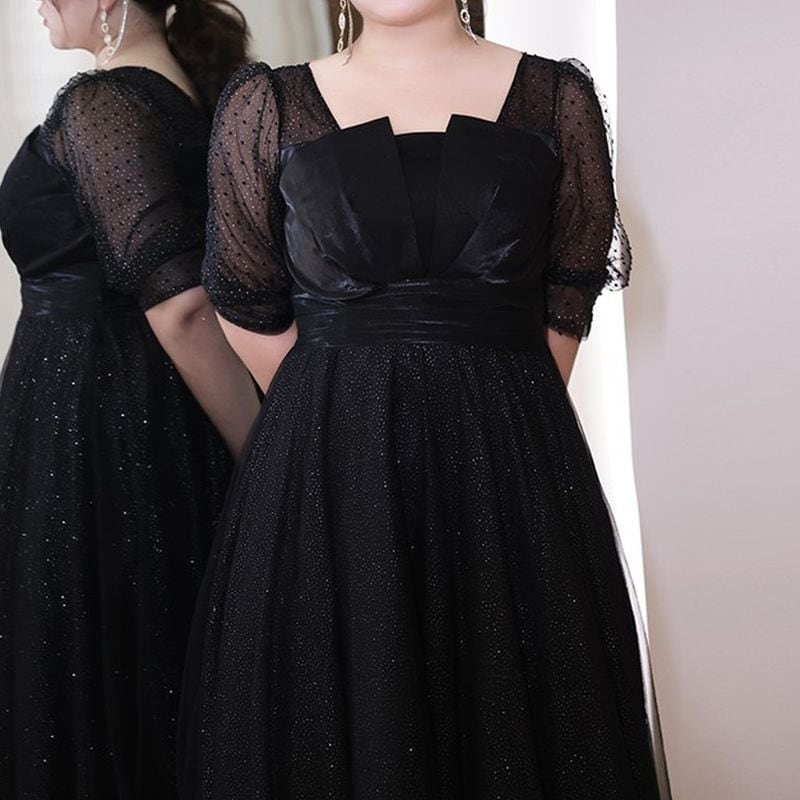 【3XL〜7XL】ヘムネックパフスリーブチュールドレス　D1614