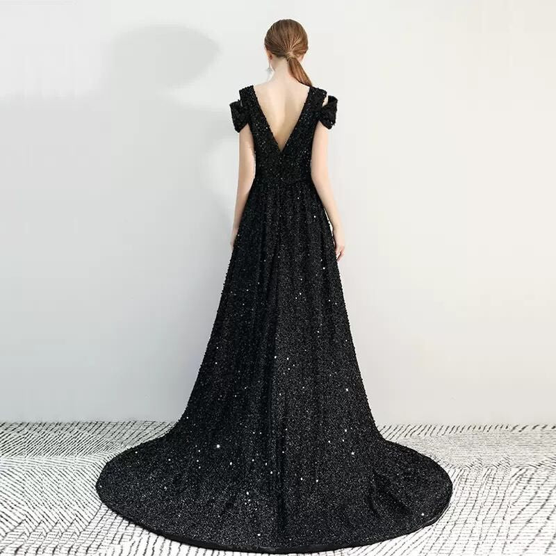 Vネック スリットロングドレス　D1116